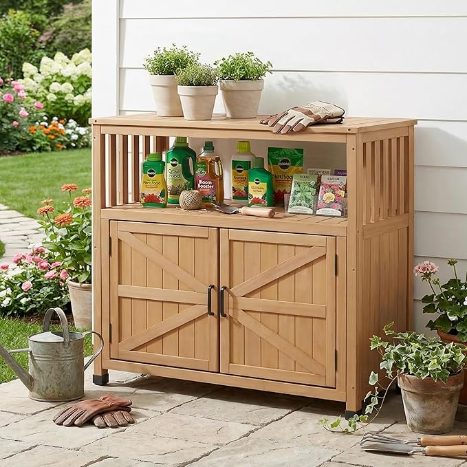 Mederlo Wooden Patio Bar Table Set with Storage, Buffet Cabinet Sideboard for Outdoor and Indoor