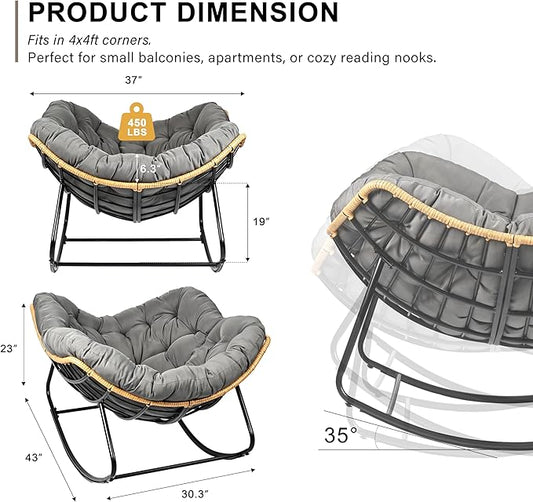 Egg-Shaped Outdoor Rocking Chair, Patio Rocking Chair with Thick Cushion, Modern Indoor Papasan Rocking Chair, Lounge Rocker for Balcony, Living Room, Bedroom, Porch, Lawn, Garden (Dark Grey)