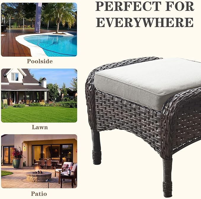 Belord Outdoor Ottomans for Patio Foot Rest - 25 Inch PE Wicker Foot Stool Set of 2 with Removable Cushions for Patio Furniture Sets,All Weather Rattan Ottoman for Balcony Deck Brown