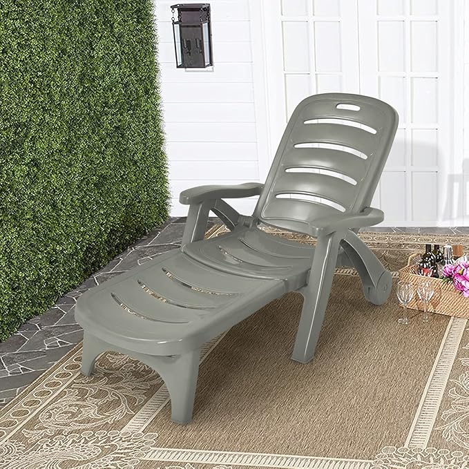 Tangkula Outdoor Chaise Lounge Chair, Adjustable 5-Position Recliner Chair with Built-in Wheels, Weather-Resistance Folding Lounge for Patio, Backyard, Poolside and Beach (2, Grey)