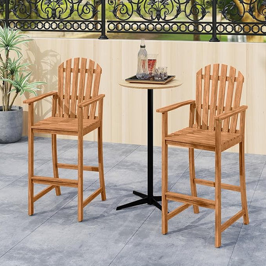 Tangkula Tall Adirondack Chair, Outdoor Acacia Wood Bar Stool with Back, Armrests and Footrest, Bar Height Patio Chair for Balcony, Porch, Deck and Backyard (2,Natural)