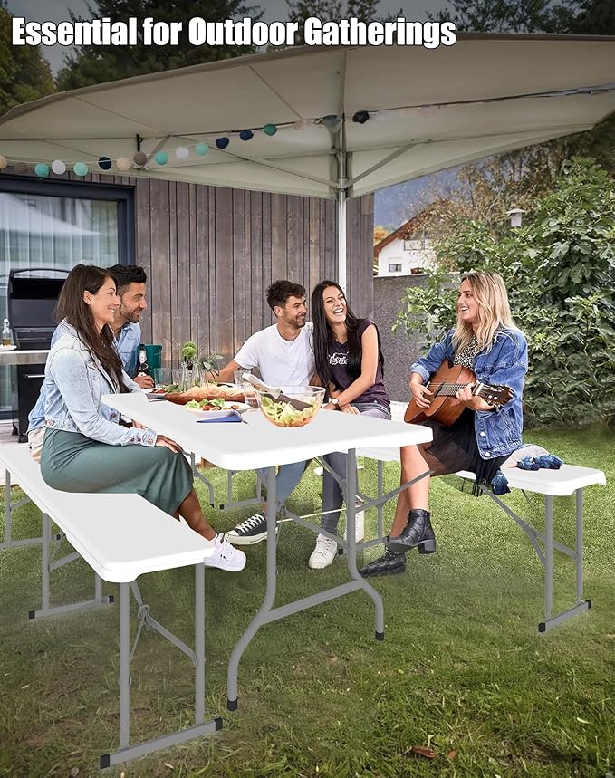 Folding Table Set with 2 Benches, 6 FT Picnic Table and Bench Set, 3- Piece Foldable Camping Tables Sets for Indoor & Outdoor, Portable Plastic Tables Chairs for Party, Wedding, Event, BBQ