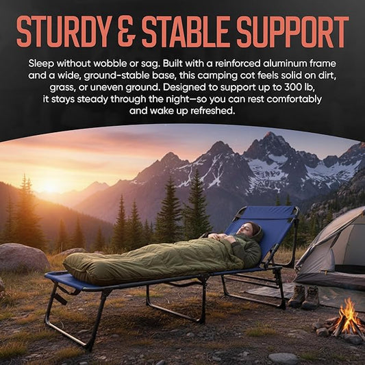 Outdoor Lounge Chair | Extra Large Portable cot incl Leg Raising adjustability | Easy Setup & Takedown | Supports Adults up to 300 lb | Ideal for Camping Patio, Balcony, Beach & More