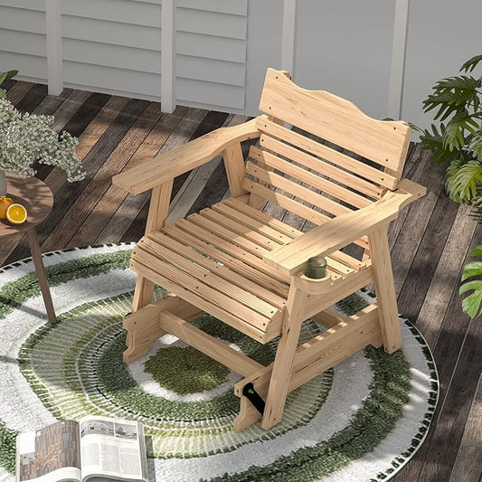 Outdoor Rocking Chair, Patio Glider Chair with Ergonomic Curved Seat & Wide Armrest, Indoor Fir Wood Rocker with Hidden Cup Holder for Patio Balcony Backyard Porch Poolside, Natural