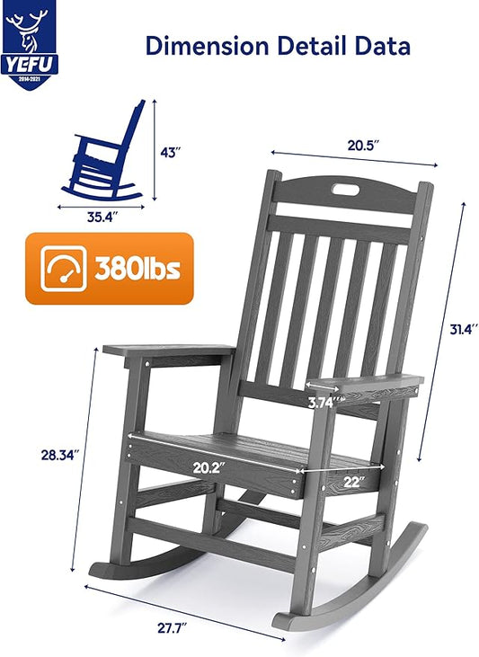 YEFU Outdoor Rocking Chair, Patio Rocking Chair with High Back, Poly Rocking Chair Look Like Real Wood, Widely Used for Lawn, Porch, Backyard, Indoor and Garden,380lb Heavy Duty(Grey)