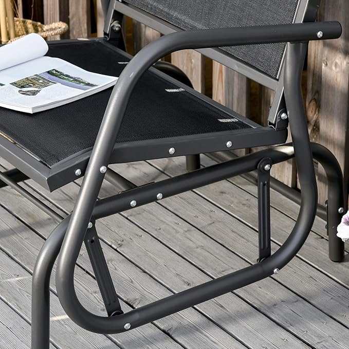 Outsunny Porch Glider, Metal Frame Swing Glider Chair with Breathable Mesh Fabric, Steel Frame and Curved Armrests for Garden, Poolside, Backyard, Balcony, Black