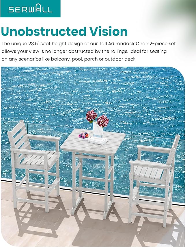 SERWALL Tall Adirondack Chairs Set of 2, Oversize Balcony Adirondack Chairs Set, Outdoor Bar Height Barstools Widened Chair Set for Bistro, Poolside, Garden, White