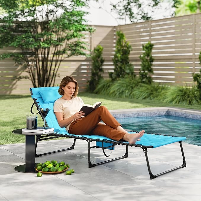 Outsunny Padded Folding Chaise Lounge Chair Outdoor Set of 2, 5-Level Reclining Patio Loungers, Tanning Chairs with Side Pocket, Headrest and Carrying Handle for Beach, Yard, Patio, Sky Blue
