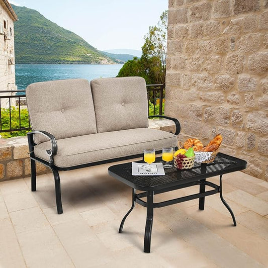 RELAX4LIFE Patio Loveseat with Coffee Table - 2-Piece Patio Conversation Sofa Set w/Backrest & Cushions, Modern Outdoor Glider Bench for Garden, Backyard, Poolside, Metal Porch Furniture (Beige)