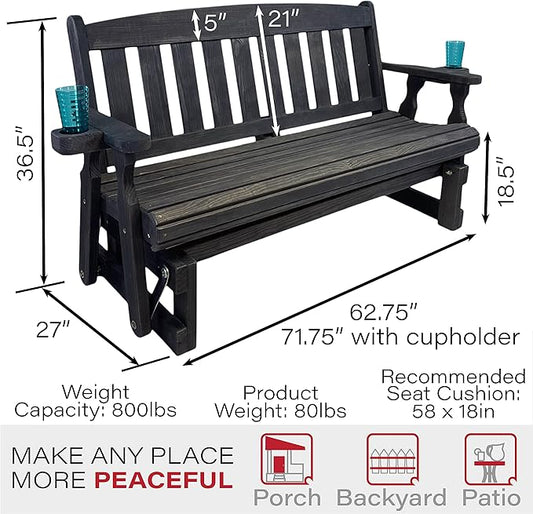 Amish Heavy Duty 800 Lb Mission Pressure Treated Porch Glider with Cupholders (5 Foot, Semi-Solid Black Stain)