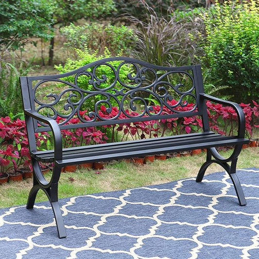 MFSTUDIO Outdoor Metal Bench Set of 2, 50 Inches Outdoor Garden Bench, Cast Iron Metal Frame Patio Park Bench with Floral Pattern Backrest, Arch Legs for Porch Lawn Yard, Black