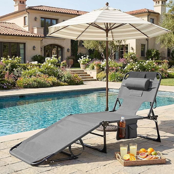 GYMAX Tanning Chair with Face Hole, Sun Bathing Lounge Chairs for Outside with Side Pocket, Folding Portable Face Down Layout Tanning Chair Beach, Backyard, Poolside, Lawn (Grey,1)