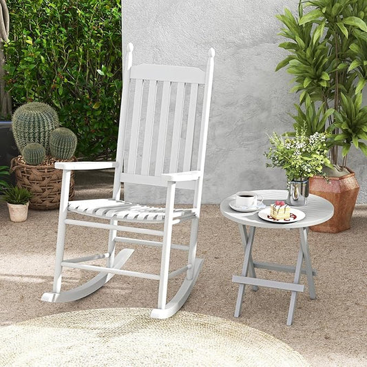Giantex Outdoor Rocking Chair, All Weather Patio Rocker w/Solid Rocking Base & High-Back, Slatted Seat & Back, Acacia Wood Porch Rocker, Wooden Patio Rocking Chair for Backyard, Poolside