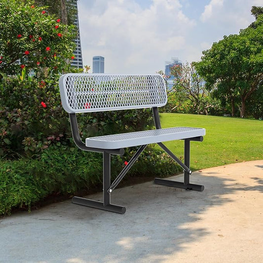 4ft Gray Metal Park Bench with Backrest, Heavy Duty Outdoor Benches Weatherproof Steel Long Playground Bench Seats, Commercial Garden Benches Red Dock Benches for Lawn, Park, Deck,Patio, Porch