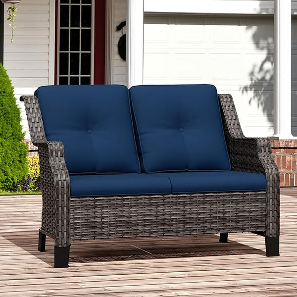 Outdoor Patio Loveseat, All-Weather 2-Seater Wicker Loveseat with Cushions, Outdoor Patio Love Seat Sofa for Garden - Photo 1