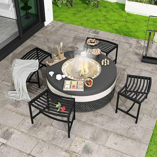 Metal Outdoor Curved Fire Pit Bench Set of 4, Fire Pit Seating Waterproof, Steel Backless Outside Tree Bench for Garden,Patio,Porch,Backyard,Heavy Duty Plant Holder, Style 1, Black