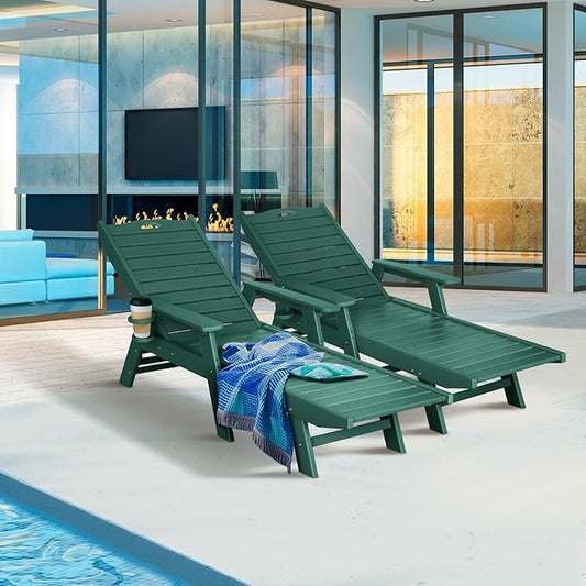 nalone Chaise Lounge Set of 2 Outdoor with 5-Position Adjustable Backrest, HDPE Lounge Chair for Outside Supports Up to 400 LBS, Pool Lounge Chairs for Patio Poolside Deck Beach Backyard (Green)