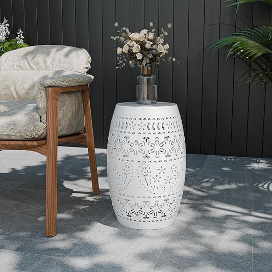 VINGLI Outdoor Iron Side Table, Patio End Table Anti-Rust Metal Round Drum Garden Stool Plant Stand Indoor Iron Accent Table for Patio Deck Porch Living Room (White)