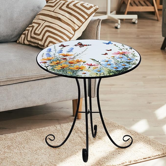 Outdoor Side Table, Flower & Butterfly Round Accent Table, Metal Indoor Small End Tables, 18" Plant Stand Tables for Patio Balcony Garden Bedside