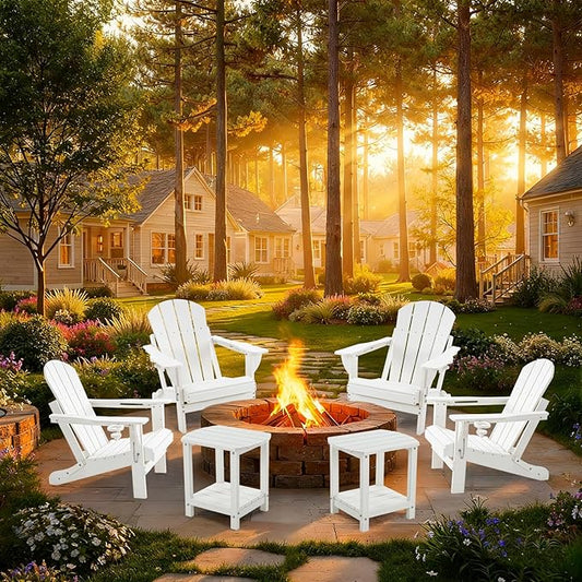 Folding Outdoor Adirondack Chairs Set of 4 with HDPE Side Tables-Plastic Weather Resistant Patio Chairs with Small Outdoor Side Tables 2 Storage for Patio,Fire Pit, Garden and Backyard