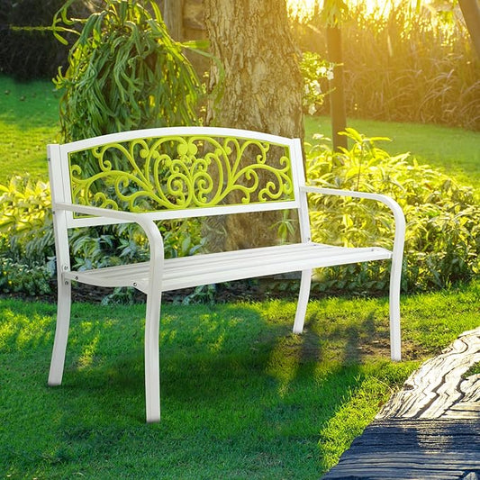 50 Inch Metal Garden Bench for Outdoor Patio, Powder Coated Steel Bench with PVC Backrest & Armrests, Rust-Resistant Park Bench for Yard, Pathway, or Deck – Supports 400 lbs (White + Green)