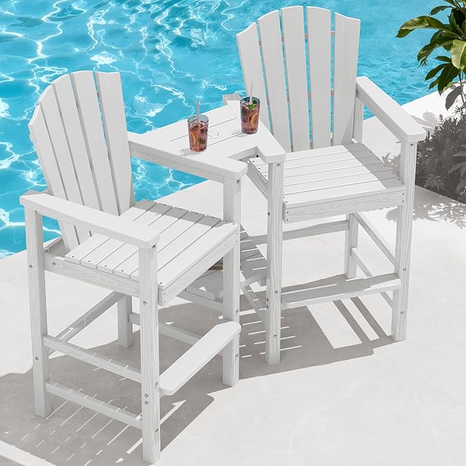 KINGYES Embossed Balcony Chair, Tall Adirondack Chair Set of 2, All Weather HDPE Bar Height Adirondack Chair with Double Connecting Trays, Outdoor Adirondack Barstools, High Airondack Chair, White