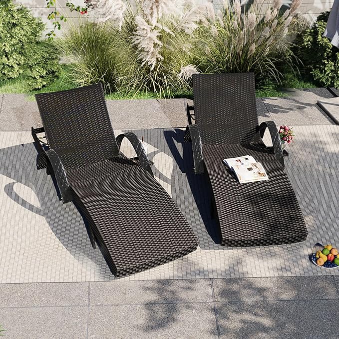 80'' Long Outdoor Wicker Chaise Lounge Chairs Set of 2, Patio Rattan Reclining Chair with Adjustable Backrest & Armrests, Durable PE Rattan Sunbathing Chairs for Pool, Garden, Backyard, Dark Brown