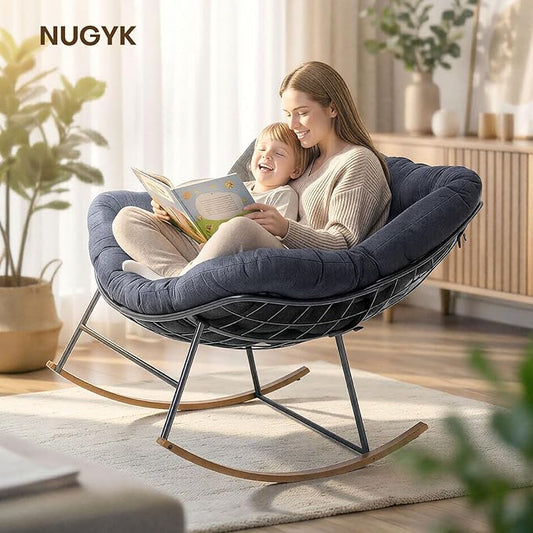 Oversized Outdoor Rocking Chair, Egg Patio Papasan Chair, Comfy Rocker Reading Lounge, for Porch, Garden, Bedroom, Living Room, Balcony, Indoor, Dark Gray