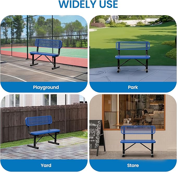 4 Feet Steel Park Bench for Outside, Outdoor Bench with Backrest & Portable Frame, Commercial Benches for Shopping Malls, Stores, Parks, Patios, Decks, Dark Blue