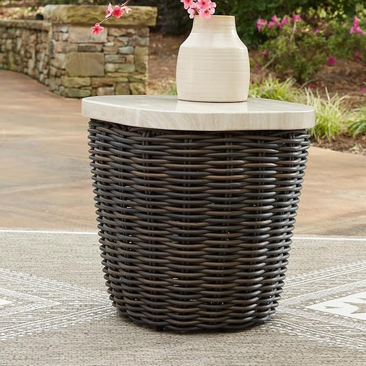 Signature Design by Ashley Kimora Cottage Faux Marble Pattern Tabletop Outdoor End Table with Pedestal Base, Dark Brown & Beige