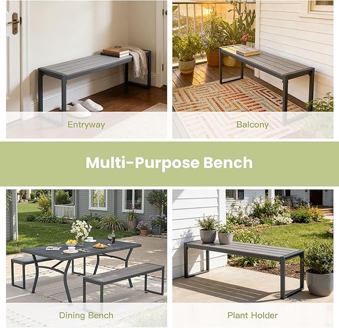 53" Outdoor Bench, 2 Pieces Patio Backless Garden Bench with Metal Frame & Faux Wood Seat for Porch, Entryway, Lawn, Backyard, Grey