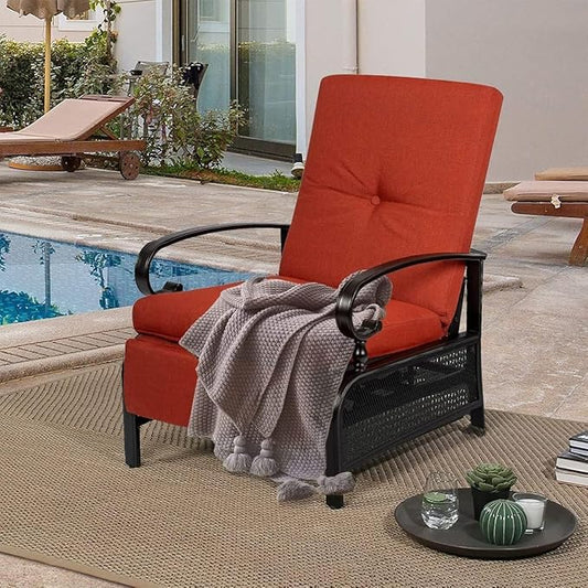 SUNCROWN Outdoor Recliner Chair Patio Adjustable Relaxing Chairs Outdoor Metal Furniture Chair with Thick Cushion, Red