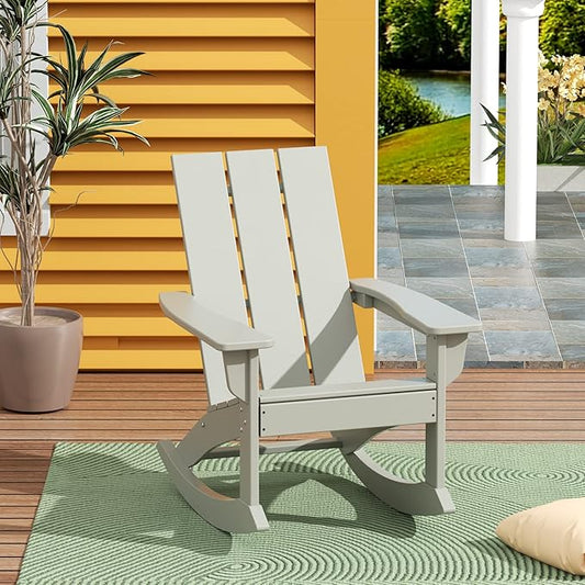 WestinTrends Ashore Patio Rocking Chair, All Weather Poly Lumber Plank Adirondack Rocker Chair, Modern Farmhouse Outdoor Rocking Chairs for Porch Garden Backyard and Indoor, Sand