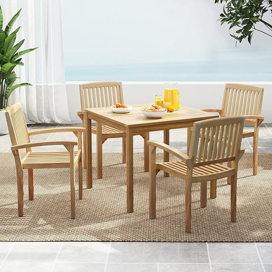 Tangkula Outdoor Patio Wood Dining Chair, Teak Wood Armchair with Slatted Seat & Curved Seat, Ergonomic Armrests, Solid Wooden Legs, for Balcony, Poolside, Porch, Yard (4)