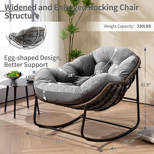 HOMEFUN Outdoor Patio Rocking Chairs, Oversized Papasan Rock Chair Indoor with Velvet Padded Cushion - Rocker Egg for Front Porch, Garden, Backyard Light Gray