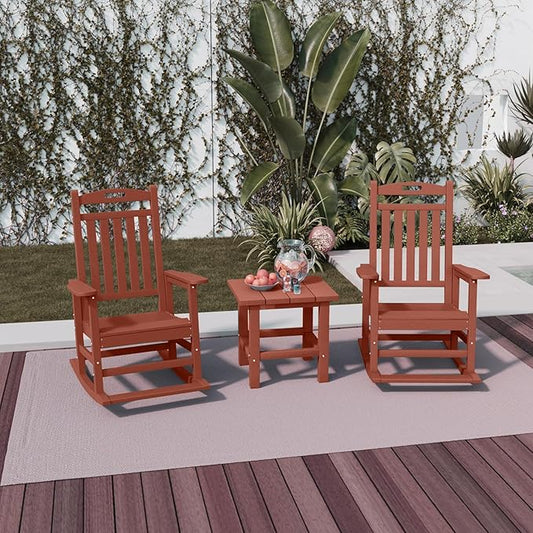 PLUUV Outdoor Rocking Chair, HDPE Patio Rocking Chairs with Footboard, All Weather Porch Rockers Outdoor for Adult, Effortless Installation, Light Red
