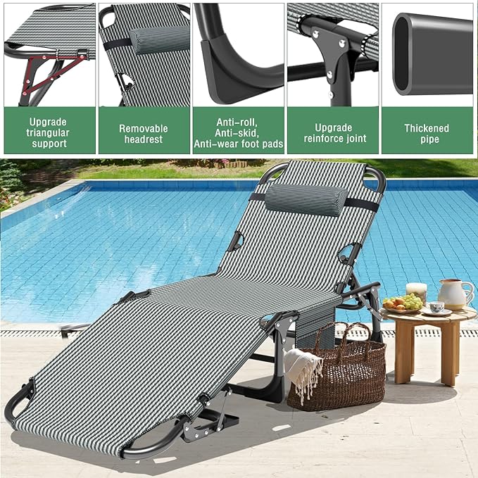 ABORON 3-in-1 Folding Patio Lounge Chair, 440LB Heavy-Duty Tri-Fold Guest Bed with Plush Cotton Cushion, No Assembly Adjustable Recliner for Office Nap, Patio Sunbathing, Poolside & Camping