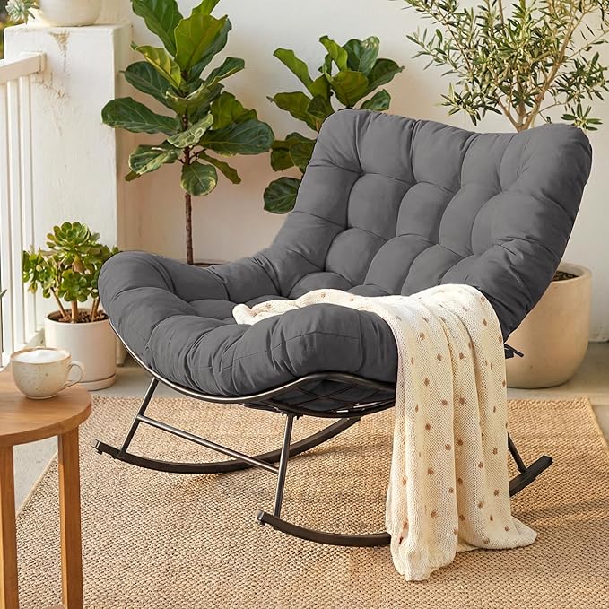Cushioned Rocking Papasan Chair for Outdoor Indoor, Oversized Outdoor Rocking Chair with Cushion, Egg Rocker for Patio, Porch, Balcony, Lawn, Bedroom, Living Room, Gray