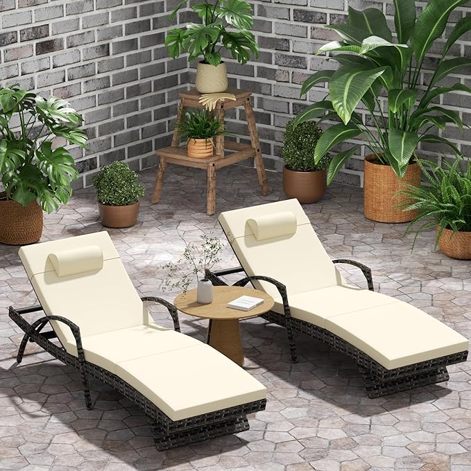 Outdoor Lounge Chairs Set of 2,Wicker Chaise Lounge Chair Pool Chaise Lounge,Patio Lounge Chair with Adjustable Backrest Arm Cushion for Poolside