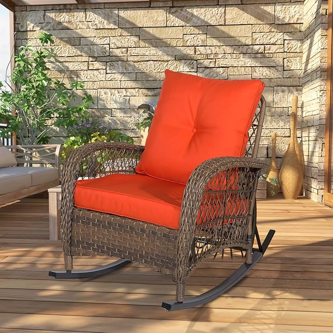 Outdoor Wicker Oversized Rocking Chair, All Weather- Resistant Patio Rocking Chair for Garden Lawn, Patio Wicker Furniture Seat with 4” Thick Cushion, Orange