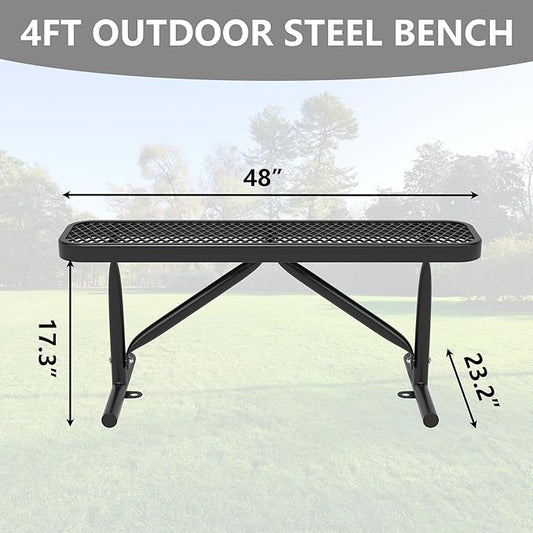 4ft Outdoor Metal Park Bench, 48" Backless Heavy-Duty Commercial Black Garden Bench with Expanded Steel Mesh Seat, Weatherproof Park Patio Dining Table Bench for Backyard Lawn School Porch Deck