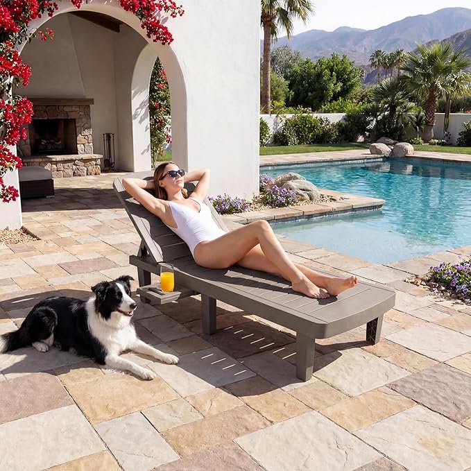 Outdoor Chaise Lounge Set of 2, 5-Position Adjustable Sun Lounge w/Pull-Out Tray, Waterproof PP Lounge Chairs for Outside, Lounge Chairs for Poolside, Patio, Beach, Yard in All Weather,Taupe