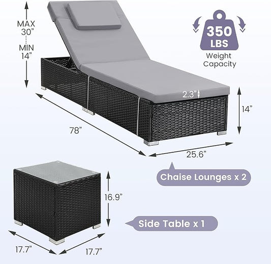 Outdoor Chaise Lounge Chairs, All-Weather Wicker Pool Lounge Chair Set of 2 with Side Table, Adjustable Backrest & Washable Cushions for Patio, Poolside, Beach, Light Grey