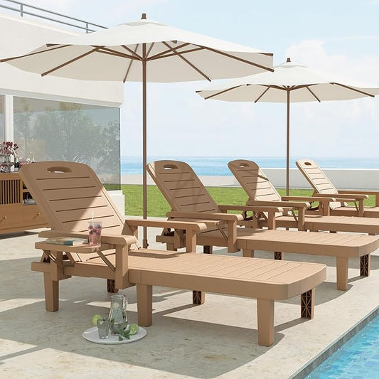 UDPATIO Outdoor Lounge Chair Set of 2 with Arms, Resin Reclining Patio Chaise with Side Table - 5-Position Adjustable Sunbed, Waterproof Pool & Beach Reclining Chair