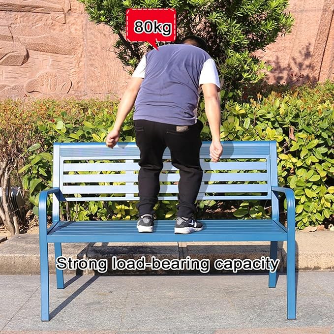 Garden Benches for Outdoors Rust Proof with Rounded Armrests Aluminum Alloy Outside Bench with 105° Wide Backrest Strong Load-Bearing Capacity for Porch, Deck, Park, Yard(Blue)