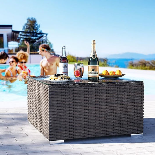 COSIEST Outdoor Furniture Brown Wicker Glass-Top Coffee Table for Expanding Sectional Sofa Set for Garden, Pool, Backyard