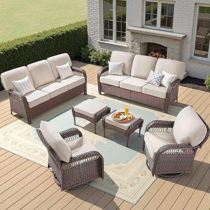 6 Pieces Wicker Outdoor Furniture, All Weather Wicker Swivel Rocker Patio Chairs Outdoor 3 Seater Sofa with Ottomans, Conversation Sets Patio Furniture for Deck Porch Garden Backyard, Beige