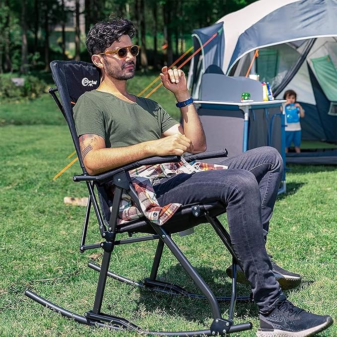 PORTAL Oversized Folding Rocking Camping Chair Portable Outdoor Rocker with High Back Hard Armrests Carry Bag, Supports 400 lbs