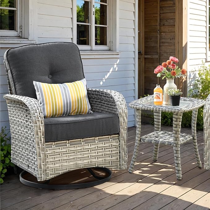 ovios Outdoor Side Table with Tempered Glass Top, Patio Wicker Rattan 2-Tier Storage Coffee End Tables for Porch Deck Balcony Garden Poolside (Mixed Brown-Small Size)