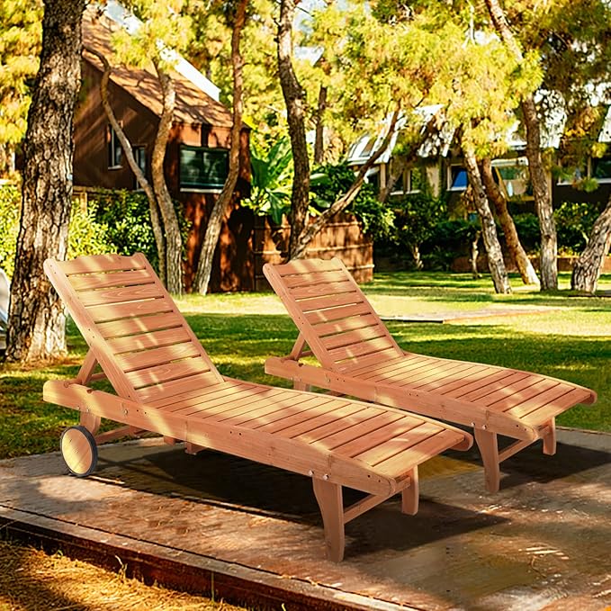 Outvita Outdoor Wooden Chaise Lounge Chair, 62" Longer Sun Lounger Recliner with Adjustable Backrest and Wheels, for Beach Poolside Deck Porch Garden
